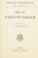 Magyar Törvénytár - Corpus Juris Hungarici, Millenniumi emlékkiadás, 3 kötet: 1911. évi törvényczikkek.; 1912. évi törvényczikkek.; 1914. évi törvényczikkek. Jegyzetekkel ellátták: Dr. Márkus Dezső, Dr. Térfi Gyula. Bp., 1912-1915, Franklin-Társulat. Korabeli egészvászon-kötésben, viseltes, rossz állapotban.