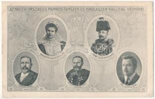 Az 1910. évi országos papíros-, tanszer- és iskolaszer kiállítás védnökei: Hieronymi Károly, Auguszta főhercegnő, gróf Khuen-Héderváry Károly, József főherceg és gróf Zichy János. Art Nouveau, Rigler rt. (EK)