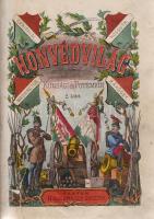 Honvédvilág. Szerkesztik Kunsági és Potemkin [Illésy György és Egervári Ödön]. I-II. kötet. [Egybekötve.] Pest, (1868). Heckenast Gusztáv (ny.) [V]-VII + [1] + 174 + [2] p.; [8] + 173 + [3] p. Illésy György és Egervári Ödön szerkesztők folyóirata a szabadságharc emlékének ápolását célozta, emlékiratokat, visszaemlékezéseket és a szabadságharcról írt elbeszéléseket és költeményeket közölt: Bem József visszaemlékezésein kívül anonim adatközlők harctéri beszámolóit, Jókai Mór elbeszéléseit, Thaly Kálmán költeményeit adta közre. Bár a folyóirat döntően a magyar szabadságharc történetére és mítoszára koncentrál, egyáltalán nem zárkózott el más idők és más nemzetek szabadságharcainak elbeszélésétől; így került az első kötetbe az amerikai polgárháborúról készült beszámoló is. A tervezett folyóiratból csupán két kötet jelent meg, kötetenként egy lapszámmal. A folyóiratszámok illusztrált első borítója bekötve, a második folyóiratszám borítója kézzel színezett, az első szám borítóján apró pótlás és javítás, a második szám borítójának verzóján javítás. Kötetünk néhány levele a gerincnél megerősítve, néhány oldalon apró foltosság. Az első kötet első nyomtatott oldalán és a második kötet tartalomjegyzék előtti oldalán régi tulajdonosi bejegyzés. Lakatos 0. Aranyozott gerincű, vaknyomásos korabeli félvászon kötésben, márványmintás festésű lapszélekkel. Jó példány.