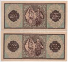 Független Horvát Állam 1943. 5000K (2x) vízjeles papíron, sorszámkövetők "T 0348244 - 0348245&q...