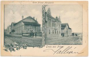 1900 Plzen, Pilsen; Erste Pilsner Malzfabrik / Malt factory, brewery, tram. Art Nouveau, floral (EK)