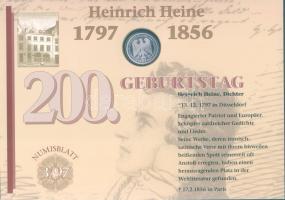 Németország 1997. 10M Ag "Heinrich Heine" nagyalakú emlékíven elsőnapi bélyegzős bélyeg-kisívvel T:BU