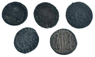 Római Birodalom 5db-os kisbronz, Follis tétel, benne I. Constantinus, Constans és II. Constantius T:...