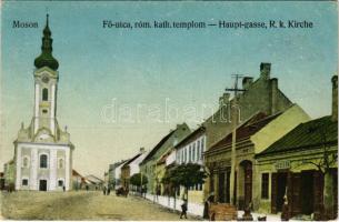 Moson (Mosonmagyaróvár), Fő utca, római katolikus templom, A. H. Stern üzlete. Fischer Ignác kiadása