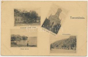 1915 Torontálalmás, Torontál-Almás, Apfeldorf, Jabuka; Kasztner József üzlete, Római katolikus templom, Községháza, Duna árvíz / shop, Catholic church, town hall, Danube flood (EM)