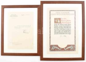 1939 Adolf Hitler facsimile aláírásával ellátott házassági oklevél és kísérő levél, 2 db üvegezett keretben. Keretek mérete 35x49 cm 32x43 cm