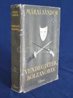 Márai Sándor: Vendégjáték Bolzanoban. Regény. Tizenharmadik ezer. (Budapest, 1943). Révai Irodalmi Intézet (ny.) 336 p. Márai Casanova-regénye először 1940-ben jelent meg, kötetünk a harmadik újranyomásból való. (Márai Sándor munkái.) Tezla 2449. Mészáros 46. Félvászon kiadói kötésben, enyhén kopott, színes, illusztrált kiadói védőborítóban.