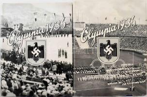 1936 Olympia 1936. Die XI. Olympischen Spiele in Berlin und Garmisch-Partenkirchen. Band I-II. Band I. Die Olympischen Winterspiele Vorschau auf Berlin. Band II. Die XI. Olympischen Spiele in Berlin 1936. Herausgegeben vom Cigaretten-Bilderdienst. Altona (Hamburg)-Bahrenfeld, 1936, Cigaretten-Bilderdienst, 127+1 p.+5 (fekete-fehér képtáblák.) t. t.+1 (kihajtható térkép) t.; 165+3 p.+8 (fekete-fehér és színesképtáblák.) t. Cigarettakép gyűjtő albumok, az összes gyűjtőképpel, német nyelven. Kiadói aranyozott egészvászon-kötés, kiadói illusztrált papír védőborítóban, a papír védőborítókon apró szakadásokkal,. Általában a papírborító hiányzik.