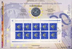 Németország 2002. 10€ Ag "Az Euro bevezetése" nagyalakú emlékíven elsőnapi bélyegzős bélyeg-kisívvel, ismertetőkkel T:BU