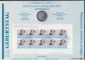 Németország 2001. 10M Ag "Albert Gustav Lortzing" nagyalakú emlékíven elsőnapi bélyegzős b...