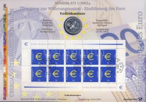 Németország 2002. 10€ Ag "Az Euro bevezetése" nagyalakú emlékíven elsőnapi bélyegzős bélyeg-kisívvel, ismertetővel T:BU