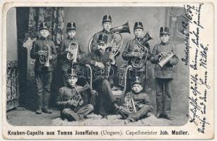 1909 Újjózseffalva, Józseffalva, Iosifalva, Iosifalau (Temes, Timis); Knaben-Capelle aus Temes-Józseffalva, Capellmeister Joh. Madler / boys&#039; music band (kopott sarkak / worn corners)