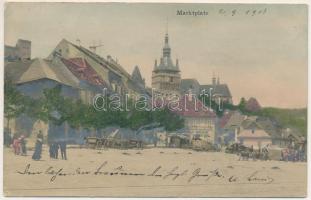 1903 Segesvár, Schässburg, Sighisoara; Marktplatz / Piactér, H. Girscht üzlete / market square, shop (EK)