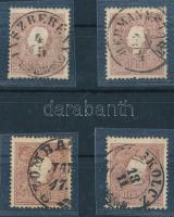 1858 4 db 10kr II. típus &quot;JÁSZBERÉNY&quot; + &quot;HERMANNSTADT&quot; + &quot; SZOMBATHELY&quot; + &quot;MISKOLCZ&quot;