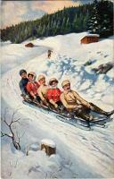 1914 Téli sport, szánkó / Winter sport art postcard, sledding. Marke &quot;Egemes&quot; Serie 34. (EK)