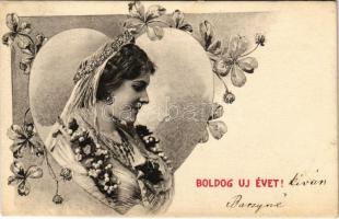 1906 Boldog új évet! Szecessziós hölgy / New Year, Art Nouveau lady, floral. C. D. Bp. Ser. Nr. 880.