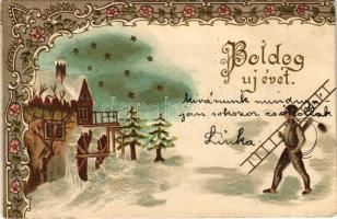 Boldog új évet! kéményseprővel / New Year, chimney sweeper. Art Nouveau, floral, litho Emb. (Rb)