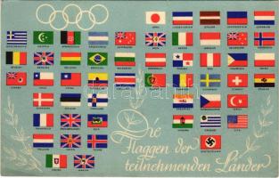 1936 Olympiajahr, Die Flaggen der teilnehmenden Länder. Reichssportverlag / 1936 Summer Olympics, flags of the participating countries, Flag of Nazi Germany with swastika / 1936. évi nyári olimpiai játékok résztvevő országainak a zászlói, a nemzetiszocialista Németország zászlaja horogkereszttel + BERLIN OLYMPIA-STADION XI. OLYMPIADE 1936 So. Stpl. (EK)