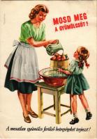 Mosd meg a gyümölcsöt! A mosatlan gyümölcs fertőző betegségeket terjeszt! Kiadja az Egészségügyi Minisztérium / Hungarian health propaganda s: Vilnrotter (EK)