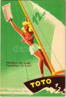 Vitorláson visz a szél, Tizenkettes: ez a cél! Totó tippszelvény reklám. Plakát- és címkenyomda Bp. / Hungarian lottery ticket advertisement card (EK)