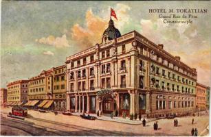 Constantinople, Istanbul; Hotel M. Tokatlian, Grand Rue de Péra / hotel advertisement, tram (cut)