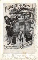 1909 Budapest V. Förster János söntése az Apostolokhoz, söröző reklámlapja. Kigyó utca 6. Art Nouveau, floral (fa)