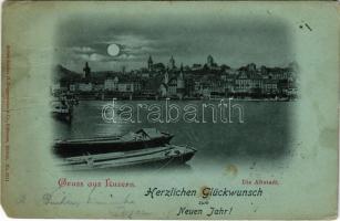 1899 (Vorläufer) Lucerne, Luzern; Die Altstadt. Herzlichen Glückwunsch zum Neuen Jahr! / old town, port, boats at night. H. Guggenheim & Co. No. 2211. (Rb)