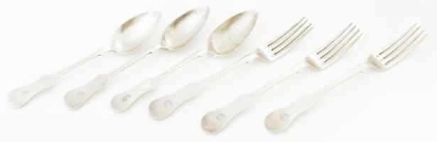 Régi ezüst (Ag) monogramos kanál és villa szett, össz. 6 db, jelzettek, 399 g