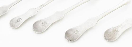 Régi ezüst (Ag) monogramos kanál és villa szett, össz. 6 db, jelzettek, 399 g