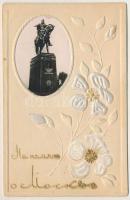 Moscow, Moskau, Moscou; Monument of Iuriy Dolgorukiy. Emb. silk flowers greeting card (glue mark)