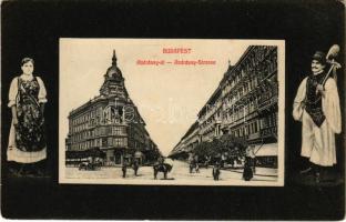 Budapest VI. Andrássy út, üzletek, népviseletes magyar pár, folklór