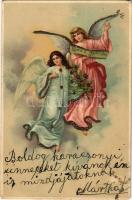 1901 Gloria in Excelsis Deo / Angels greeting, glitter decorated, litho (gyűrődések / creasesI)