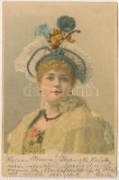 1900 Lady art postcard, glitter decoreted, litho (Rb)
