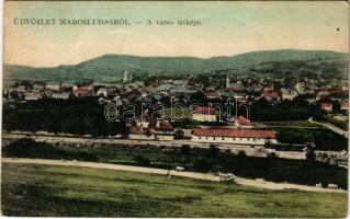 1910 Marosludas, Ludosul de Mures, Ludus; a város látképe, fatelep. Glück J. kiadása / general view, lumber yard (gyűrődések / creases)