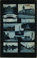 1915 Ráckeve, Cs. és kir. uradalmi kastély, Városháza, látkép, vízi részlet, alsó városrész, Árpád szobor, Városház tér, Görögkeleti szerb (ortodox) templom, Lipthay villa, Fő utcai részlet. Münich Jenő kiadása (EK)