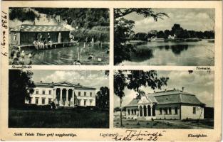 1938 Gyömrő, Strand, fürdőzők, Tó részlet, Széki Teleki Tibor gróf kastélya, Községháza + "LÖKÖSHÁZA - BUDAPEST 6 B" vasúti mozgóposta bélyegző (EK)