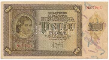 Horvátország / Független Horvát Állam 1941. 1000K N T:F Independent State of Croatia 1941. 1000 Kuna N C:F Krause P#4a