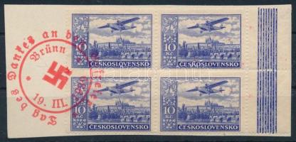 1939 Csehszlovák Repülő záróérték ívszéli négyestömb a német felszabadítókat köszöntő alkalmi bélyegzéssel
