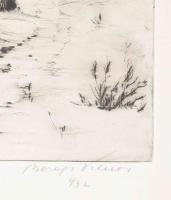 Beregi Vilmos (?-1970): Téli tanyarészlet. Rézkarc, papír, jelzett, kartonra kasírozva. 33×27 cm