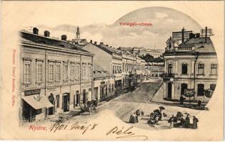 Nyitra, Nitra; Telegdy utca, Prohászka Gusztáv, Spanyar Lajos, Haas Mór üzlete, piac. Neumann József kiadása / street view, shops, market