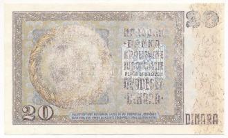 Jugoszlávia 1936. 20D nyomdahibás, halovány nyomat T:XF 
Yugoslavia 1936. 20 Dinara with faint prin...