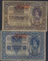 Ausztria/Osztrák-Magyar Bank 1902. 1000K + 1918. 10.000K mindkettő csak német nyelvű, vízszintes piros "Deutschösterreich" fny-sal T:III/IV