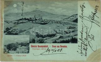 1903 Borostyánkő, Bernstein (Vasmegye); Alsó tér, látkép, vár. Ignatz Heinrich kiadása / square, general view, castle (fl)