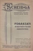 Fogászati nemesöntvények ismertetése. A budapesti Scheid G. A. Nemesfém Művek képes árukatalógusa. Budapest, [1935 körül]. Dworak Norbert (Müller és Berger ny.) 45 + [1] p. Oldalszámozáson belül szövegközti ábrákkal illusztrált kereskedelmi kiadvány. Az 1891-ben alapított budapesti Scheid nemesfém-ipari vállalkozás az évek során egyre inkább a fogászati ellátás beszállítójává vált. A vállalkozást a háború után, 1948-ban eltitkolt német kapcsolatokkal vádolták meg és tekintélyes bírsággal sújtották (az érintőlegesen is német tulajdonú vállalkozások a fordulat éveiben, büntetés gyanánt szovjet tulajdonba kerültek). A cég 1949-ben még hírt ad magáról, utána nyoma vész a vállalkozásnak, alighanem a szovjet típusú elvtársi tulajdonba vétel egyik nyom nélkül eltűnt áldozatává vált. Fűzve, illusztrált kiadói borítóban. Jó példány.