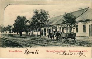 1903 Kevevára, Temeskubin, Kovin; Karcsay&#039;sches Haus, Bahnhofgasse rechts / szálloda, Karcsay-féle ház és üzlet, Vasút utca / hotel, shop, street (EK)