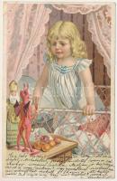 1900 Girl with Krampus and Saint Nicholas dolls. Kunstverlag Rafael Neuber Serie 46. litho (EB)