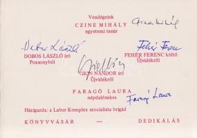 Fehér Ferenc: Szeptemberi útravaló. Második, bővített kiadás. Újvidék, 1983. Forum Könyvkiadó (ny.) 144 + [8] p. Dedikált: ,,Molnár János drága barátomnak és Erzsinek, újabb útravalóként - remélt utainkhoz... Szeretettel: Fehér Ferenc. Kecskemét, 1984. máj. 24." A kötet valamennyi oldala illusztrált. Prov.: Molnár János. [Molnár János kecskeméti népművészeti gyűjtő, a kecskeméti Katona József Társaság vezetőségi tagja, számos író és költő erdélyi útikalauza.] Színes, illusztrált kiadói kartonkötésben. Jó példány. Hozzá tartozik: [Alkalmi nyomtatvány] Meghívó az 1984. évi Ünnepi Könyvhét alkalmából rendezett irodalmi délutánra, Czine Mihály irodalomtörténész, Dobos László pozsonyi író, Fehér Ferenc újvidéki költő és Gion Nándor újvidéki író és Faragó Laura népdalénekes saját kezű aláírásával. Kelt: Budapest, 1984. május. Egyetlen levél, hajtogatva, mérete: 105x300 mm, 29 nyomtatott sor. A könyvvásárral és dedikálással egybekötött irodalmi délutánt a Danuvia Gorkij Művelődési Központ Brigádklubja, a TIT Budapesti Szervezete és az Állami Könyvterjesztő Vállalat szervezte 1984. május 30-én, 14.30 órától. Házigazda: a Labor Komplex szocialista brigád. Tökéletes állapotú lap.