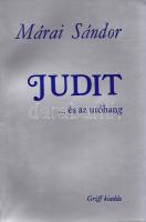 Márai Sándor: Judit... és az utóhang. Regény. (Első kiadás.) Márai Sándor Judit... és az utóhang című kötetének két kisregénye az 1941-ben ,,Az igazi..." címmel megjelent Márai-regény cselekményét folytatja. Kötetünk első kisregénye (Judit címmel) nyomtatásban először az Uj Idők folyóirat 1941. évi lapszámaiban jelent meg, a második kisregény kötetünkben jelenik meg először. A tiltott szerző művéről való első hazai recenzió, Rónay László tanulmánya a kis példányszámú katolikus periodika, a Vigilia 1983 januári számában látott napvilágot, ám a kötet első hazai megjelenésére 1992-ig kellett várni. Az oldalsó lapszéleken apró tollvonás. München, (1980). Újváry ,,Griff" Verlag (Druck: Josef Molnár). 173 + [3] p. Első kiadás. Mészáros 149. Fűzve, kiadói borítóban. Jó példány.