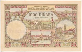Szerb-Horvát-Szlovén Királyság 1920. 1000D korabeli hamisítvány, "LAZNA (HAMIS)" felülbélyegzéssel, nyomtatott sorszámmal, vízjel nélkül T:AU kis szakadás Kingdom of Serbs, Croats and Slovenes 1920. 1000 Dinara contemporary fake banknote with "LAZNA (FALSE)" overprint, without watermark C:AU small tear