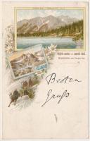 1897 (Vorläufer!) Tátra, Magas-Tátra, Vysoké Tatry; Poprádi tó, Majláth-menház, Tengerszem-csúcs / Popper-see, Majlathhütte, Meeraugenspitze / lake, mountain peak. Art Nouveau, floral, litho (EB)